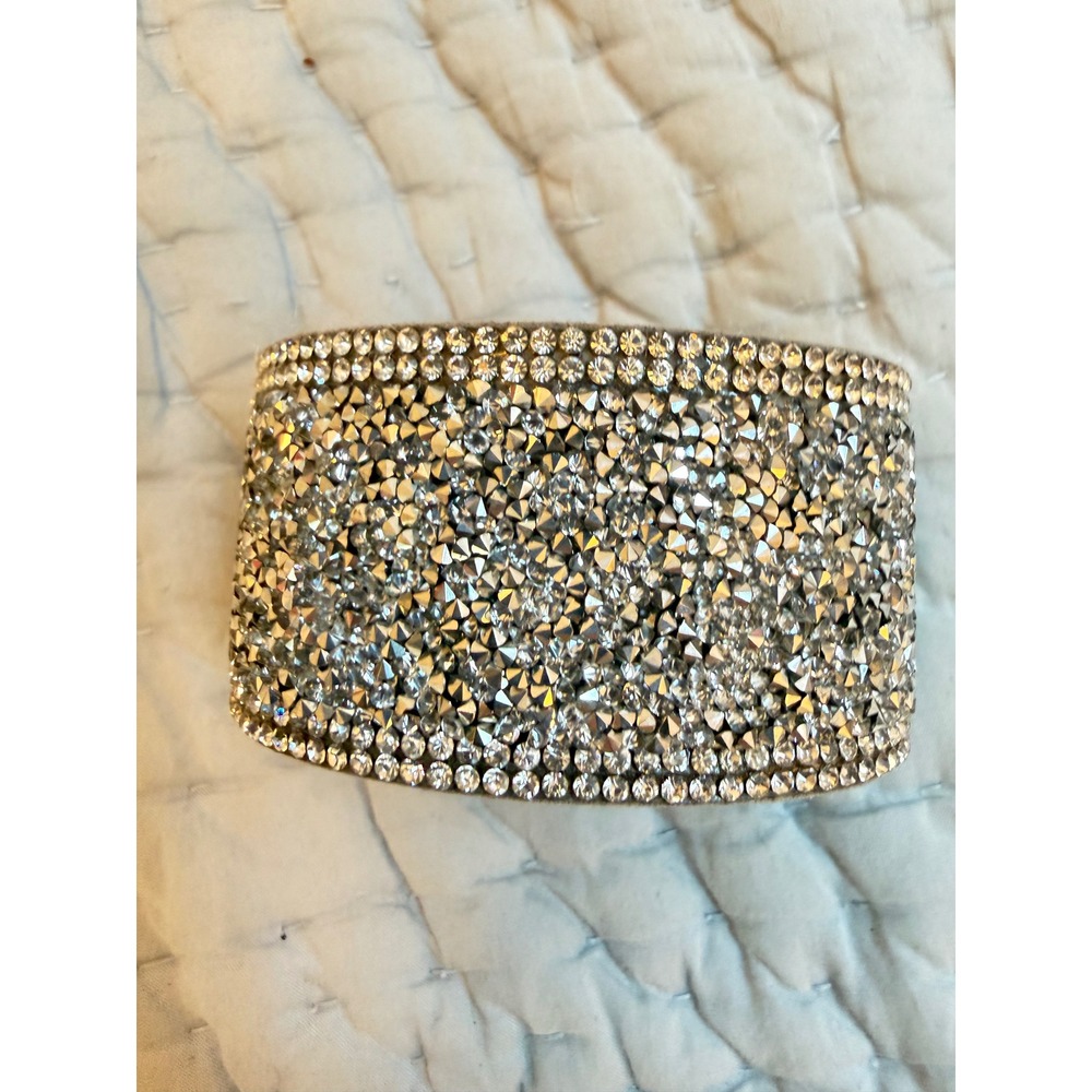 Silver Crystal Rhinestone Wide Cuff Bracelet Turn Lock Clasp Statement Jewelry